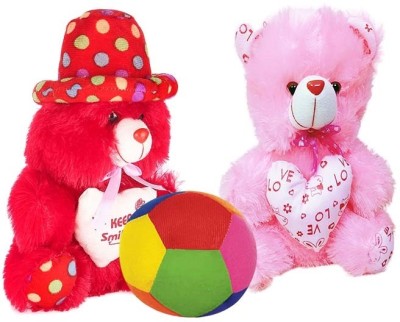 Topgrow Red,Pink Teddy Bear Cap Style with Heart (13Inch) With Ball Teddy Set of 3  - 13 inch(Pink, Red)