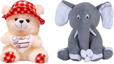 MHK GREY ELEPHANT & BUTTER RED CAP Soft Stuffed Toy  - 18 cm(Multicolor)