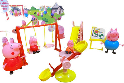 Pepstter Park Set with Pig Family Figures, Slide ,Swing ,See-Saw Easel Sets Pieces  - 4 cm(Multicolor)