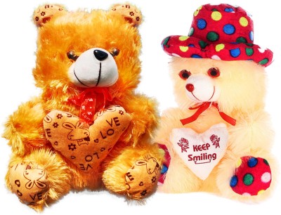 Topgrow Brown Teddy Bear Cap Style with Heart (13Inch) cream Teddy (12inch) Set of 2  - 13 inch(Brown, Cream)