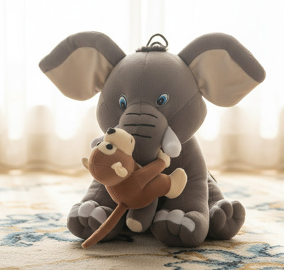 Ruvedu Elephant with Little Monkey Soft Toy playful Stuffed Plush toy for Kids  - 35 cm(Multicolor)