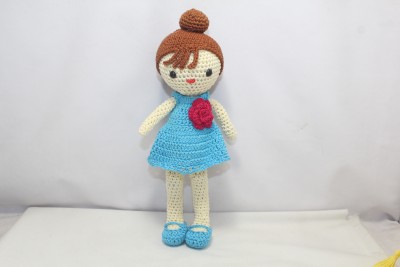 PH Artistic Handmade Amigurumi Crochet Doll Blue Dress Pink Flower Gift for Child - 9 inch  - 9 inch(Blue)