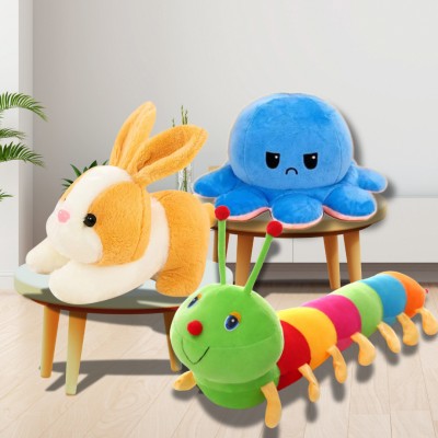 cuddlenest Combo pack of plush soft stuffed toys Caterpillar-60cm, Octopus-20cm, & Rabbit  - 32 cm(Multicolor)