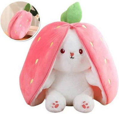 Nihan Enterprises Adorable Strawberry Rabbit Plushie, Cute Bunny Soft Toy for kids  - 30 cm(pink & white)