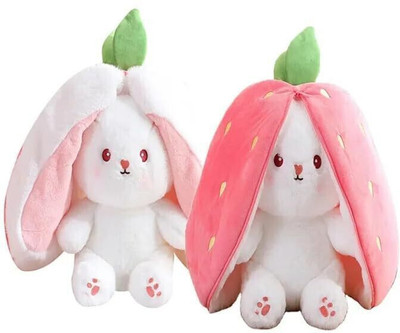 WIPLK Reversible Strawberry Rabbit Bunny Plush Toys with Zipper Gifts 30 cm  - 30 cm(White, Pink)