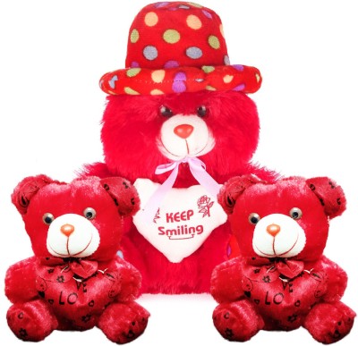 Topgrow RED Teddy Bear Cap Style Heart (12Inch) with 2 Mini (6inch)Teddy Set of 3  - 12 inch(Red)