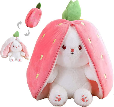 BKDT Marketing Reversible Strawberry Rabbit Bunny Plush Toys with Zipper, Cute Soft Toy  - 10 cm(Pink and white)