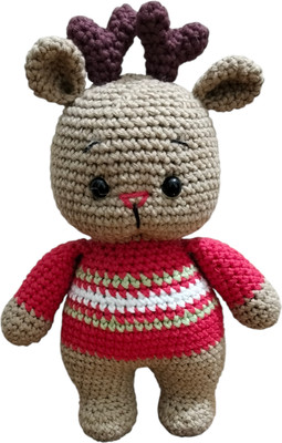 craftkari Reindeer Crochet Stuffed Toy  - 26 cm(Beige and Red)