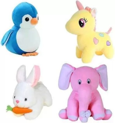 MPR ENTERPRISES Combo Stuffed Toys Penguin, Rebbit, Unicorn, Elephant  - 28 cm(Pink, Yellow, White, Blue)