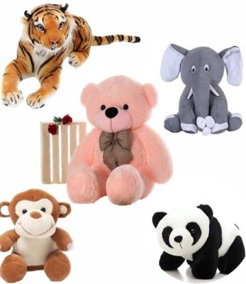 Cutepie PACK OF 5 SOFT TOY PINK TADDY, ELEPHANT,PANDA,TIGHER,MONKEY SUPER SOFT TOY  - 37 cm(White)