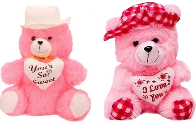 MHK Red Pink & White cap teddy Soft Stuffed Toy  - 18 cm(Multicolor)