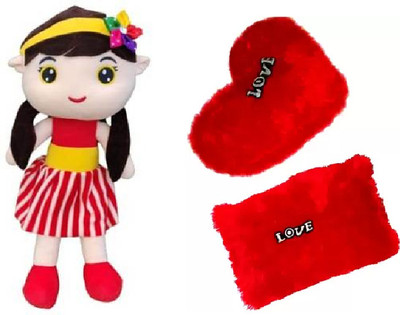 Nihan Enterprises Red soft pillow with Beautiful sofia dall combo for Your kids & Someone Special  - 20 cm(Multicolor)
