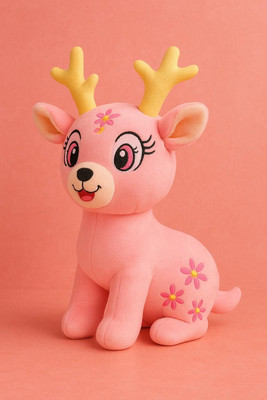 Fun4You Deer Soft Toy – Adorable Pink Plush Animal with Golden Horns  - 35 cm(Pink)