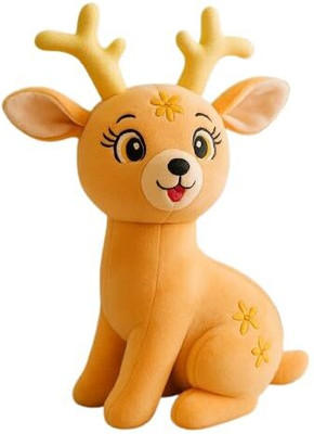Fun4You Deer Soft Toy – Adorable Brown Plush Animal with Golden Horns  - 35 cm(Brown)