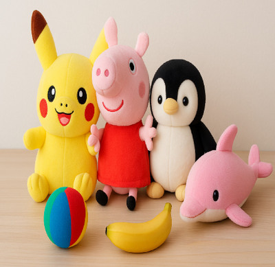 Growgame Soft Toy Combo Set – Cute Pikachu, Pig, Penguin, Dolphin, Ball & Banana  - 15 cm(Multicolor)