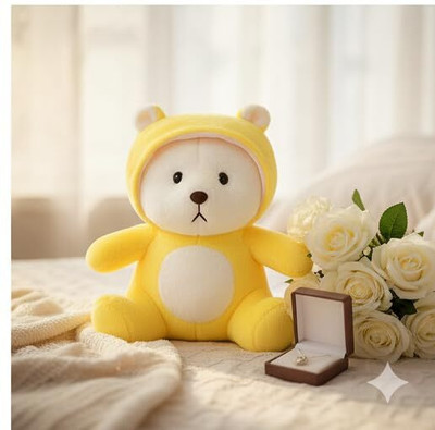 SOFTDREAMS Hooded Teddy Bear Plush Toy Soft & Cute Stuffed Animal Toy for Hugging for Kids  - 10 cm(Yellow)