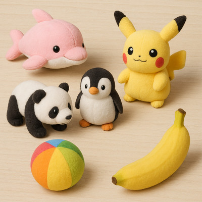 Growgame Cute Animal Plush Set with Pikachu, Panda, Penguin, Dolphin, Banana & Color Ball  - 15 cm(Multicolor)