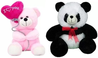 Crispy toys I Love You Balloon Heart Teddy Bear Pink & Panda Ribbon Soft Toy Both 30 cm  - 30 cm(Pink, White, Black)