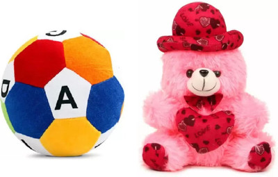 Nihan Enterprises offer Stuffed soft plush cap teddy & alphabet football combo for kids  - 30 cm(Multicolor)