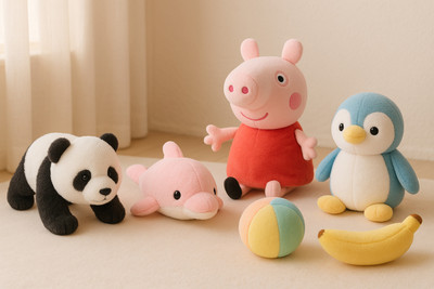Growgame Combo of 6 Soft Plush Toys – Peppa Pig, Panda, Penguin, Dolphin, Banana & Ball  - 15 cm(Multicolor)
