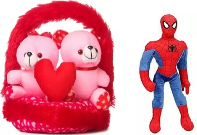 Nihan Enterprises Stuffed soft Couple-Basket Teddies & Spider-Man combo for someone special/kids  - 30 cm(Multicolor)