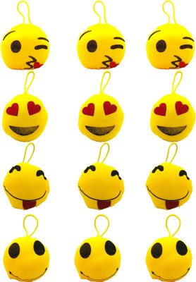 Tia Plush Emoji Keychains, Set of 12, Assorted Expressions, 10 cm Height  - 11 cm(Yellow)