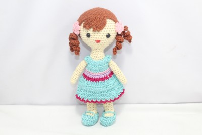 PH Artistic Handmade Amigurumi Crochet Small Pink Blue Frock Doll 2 ponytails Birthday Gift  - 7.15 inch(Multicolor)
