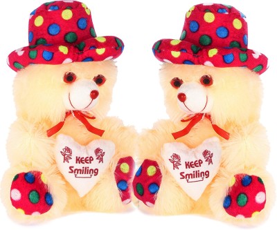 Topgrow Soft Teddy Bear Cap Style with Heart Multicolour Cream Set of 2 (12 inch)  - 12 inch(Multicolor, Cream, Red)