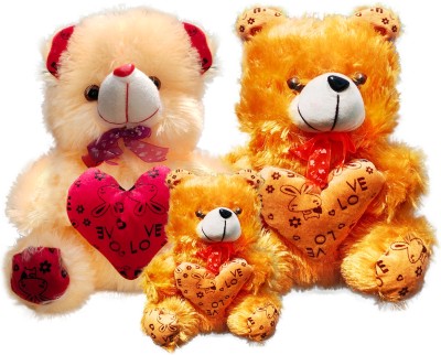 Topgrow Cream and Brown Teddy Bear with Heart (13Inch) Brown mini (6inch) Set of 3  - 13 inch(Multicolor)