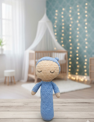 MynaMo Handmade Crochet Baby Rattle with sleepy eyes  - 15 cm(Blue)
