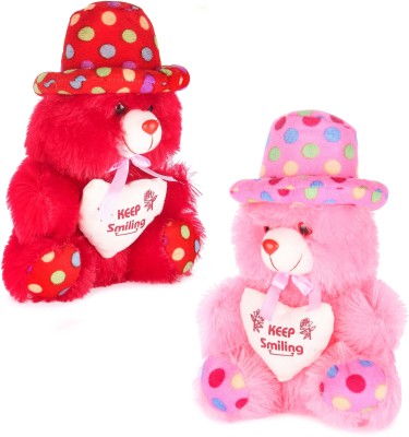 Topgrow Soft Teddy Bear Cap Style with Heart Multicolour Red.Pink Set of 2 (12 inch)  - 12 inch(Red, Pink)