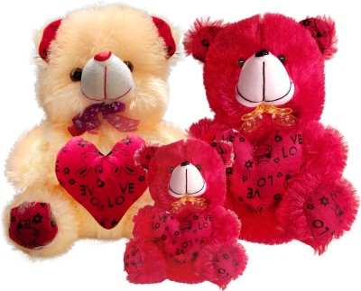 Topgrow Cream and Red Teddy Bear with Heart (13Inch) and Red mini (6inch) Set of 3  - 13 inch(Multicolor)