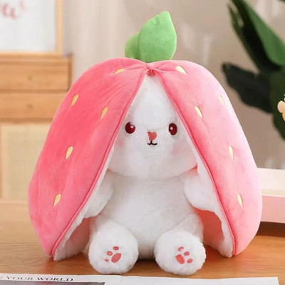 tinytotem Reversible Strawberry Bunny Plush Toy with Zipper - Cute Gift for Kids/Girls  - 30 cm(Pink)