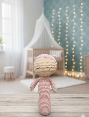 MynaMo Handmade Crochet Baby Rattle with sleepy eyes  - 15 cm(Pink)