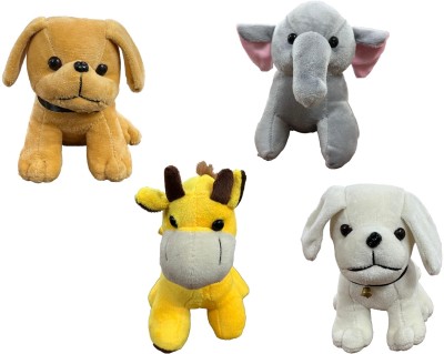 Lata Stuffed Toys Set Of 4 For Kids -2 Dog Giraffe Elephant  - 18 cm(Grey, Yellow, Brown, White)