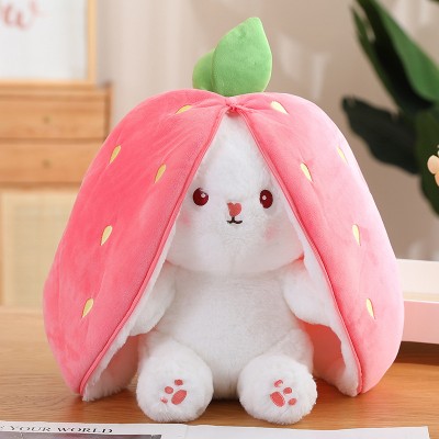 TWOLOVER Reversable Cute Plush Big Ears Bunny Premium Pink Strawberry Bunny Pillow 42cm  - 35 cm(Multicolor)