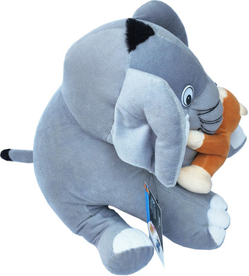 AMR TRADERS Stuffed Cute Mother Elephant with Monkey  - 32 cm(Blue)