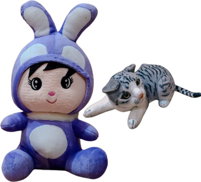 Luipui Cute Rabbit & Sound Cat Soft Toys Combo / Sets of 2 Cute Stuffed Toys for Kids  - 38 cm(Blue / Grey)