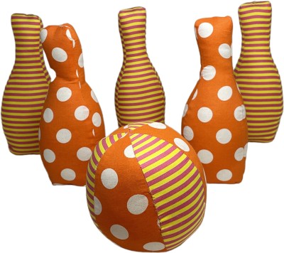 Kafron Fabric Plush Bowling Pin Set with 5 Pins and 1 Ball (Orange And White)  - 12 inch(Multicolor)