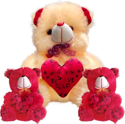 Topgrow Cream Teddy Bear with Heart (13Inch) and Red mini (6inch) Set of 3  - 13 inch(Cream)