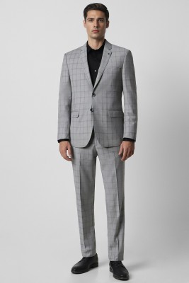 VAN HEUSEN Men Grey Check Slim Fit Formal Two Piece Suit Checkered Men Suit