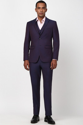 PETER ENGLAND Men Purple Solid Slim Fit Formal Three Piece Suit Solid Men Suit