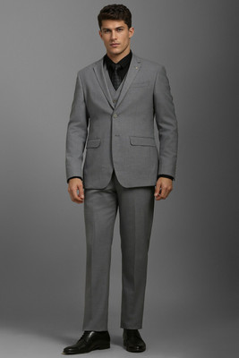 LOUIS PHILIPPE Men Grey Slim Fit Check Formal Three Piece Suit Solid Men Suit