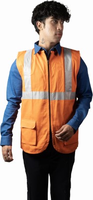 SaashaGarments Industrial Safety Jacket With Reflecting Tape | High Visibility & Rounded Neck Solid Men Suit