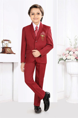 SEMINO 5 Piece Coat Pant Set with Brooch Solid Boys Suit