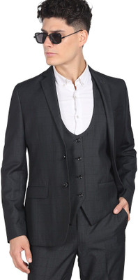 ARROW Men Navy Tailored Fit Reversible Waistcoat Three Piece Suit Checkered Men Suit