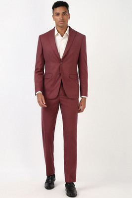 PETER ENGLAND Men Maroon Textured Slim Fit Formal Two Piece Suit Textured Men Suit