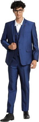 TURTLE Turtle Men Blue Self Design Slim Fit Suit (3 Piece) Solid Men Suit