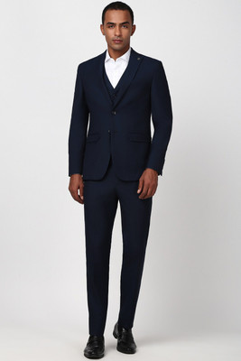 PETER ENGLAND Men Navy Textured Slim Fit Formal Three Piece Suit Textured Men Suit