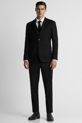 PETER ENGLAND Men Black Solid Slim Fit Formal Three Piece Suit Solid Men Suit